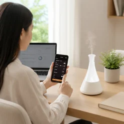 奧羅拉白色 APP 智控鋰電版-居家工作情境 奧羅拉白色 APP 智控鋰電版精油擴香儀搭配手機操作的居家工作情境