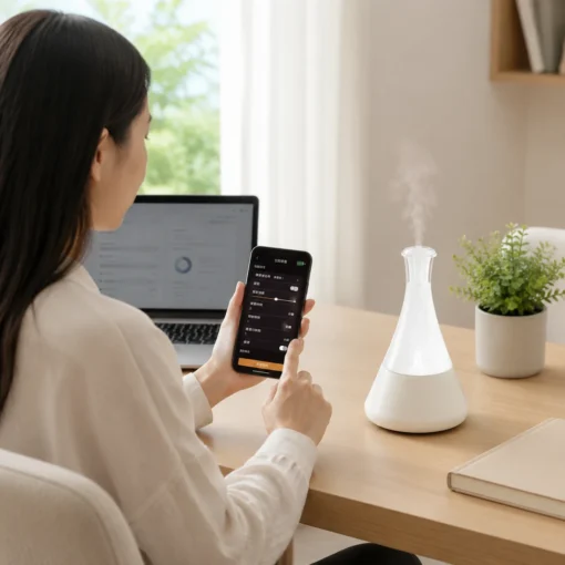 奧羅拉白色 APP 智控鋰電版-居家工作情境 奧羅拉白色 APP 智控鋰電版精油擴香儀搭配手機操作的居家工作情境