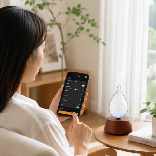 花苞 APP 智控鋰電版精油擴香儀 APP 操作情境圖 花苞 APP 智控鋰電版精油擴香儀搭配手機操作情境