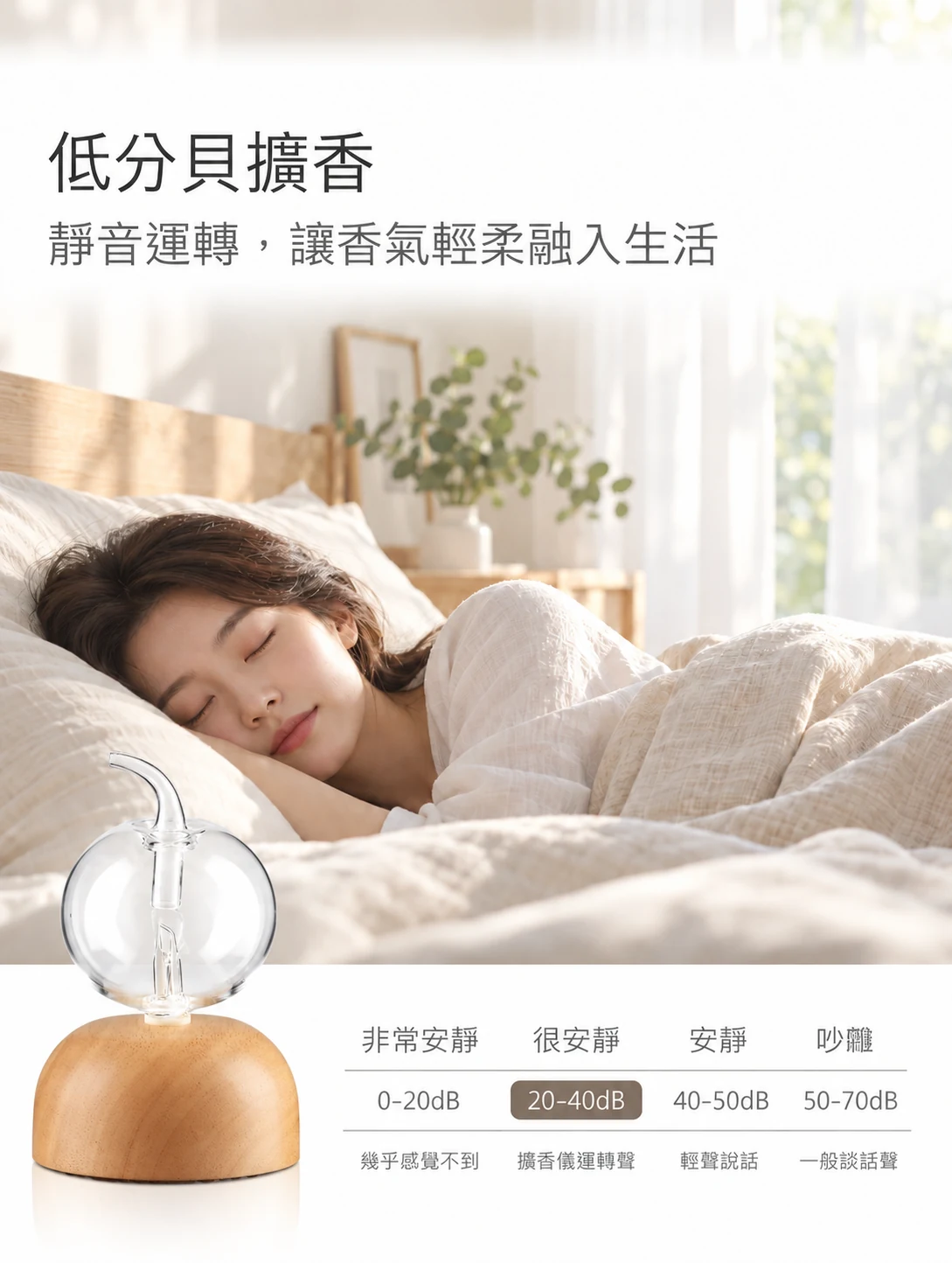 泡泡原木精油擴香儀-低分貝運轉與臥室情境