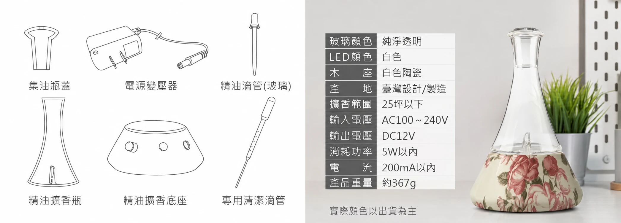 奧羅拉古典玫瑰高貴透白擴香儀－規格與配件