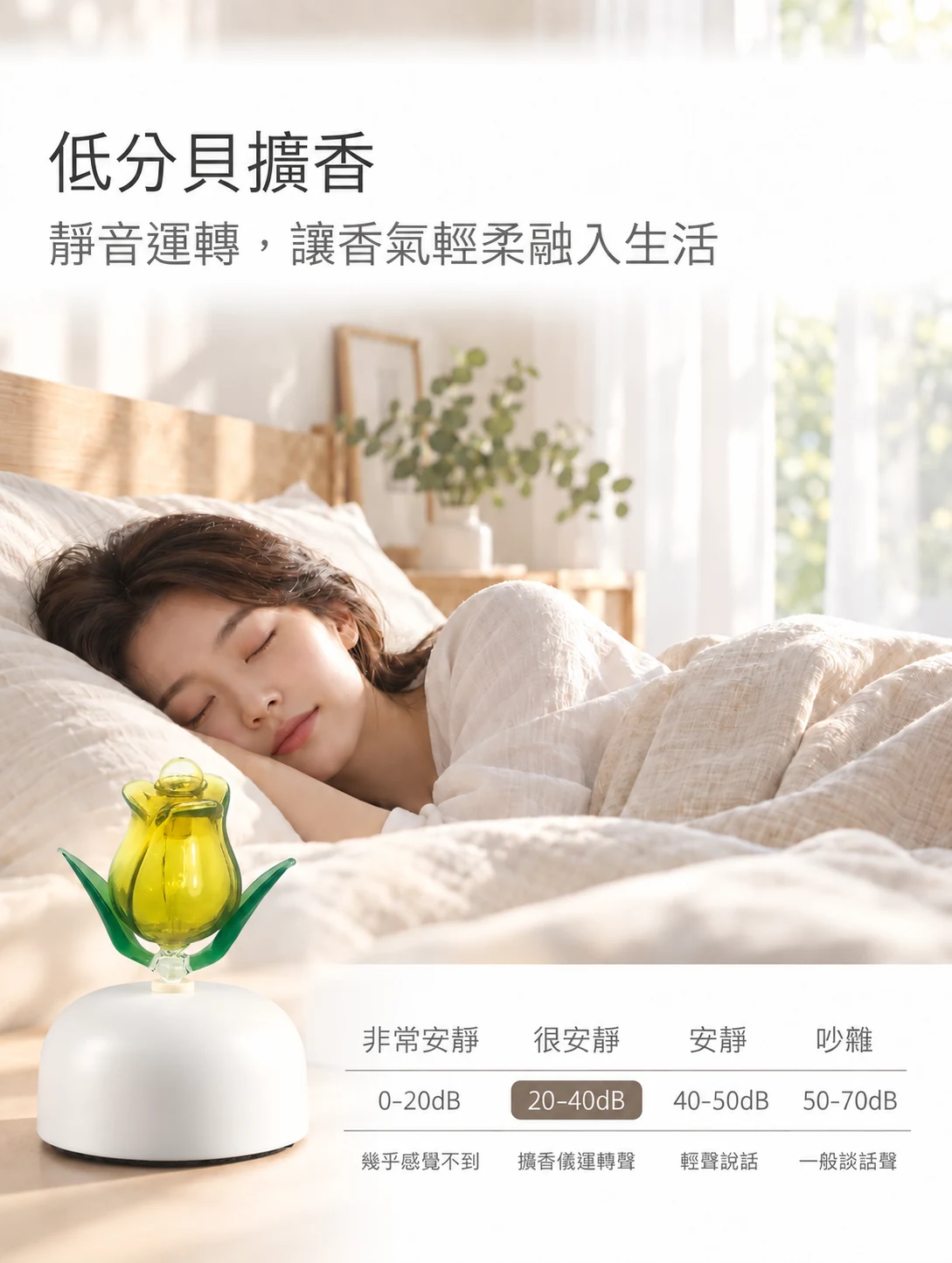 鬱金香黃色精油擴香儀－低分貝運轉與臥室情境