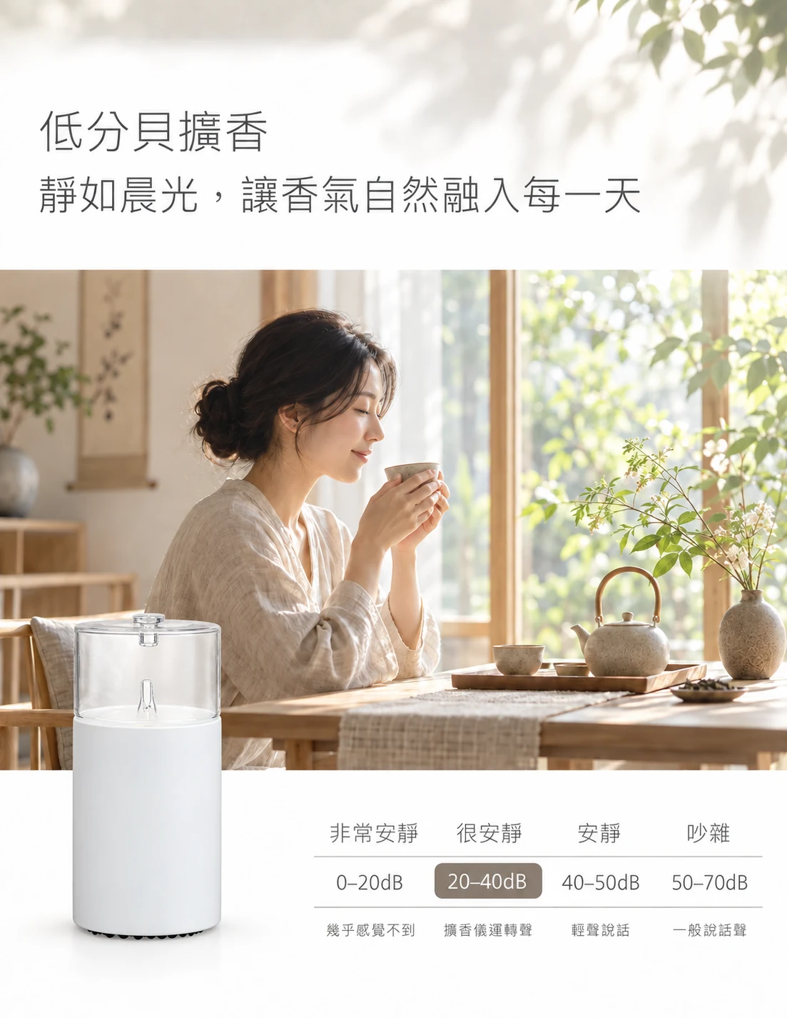 覺醒白色精油擴香儀，低分貝運轉與晨光品茶情境