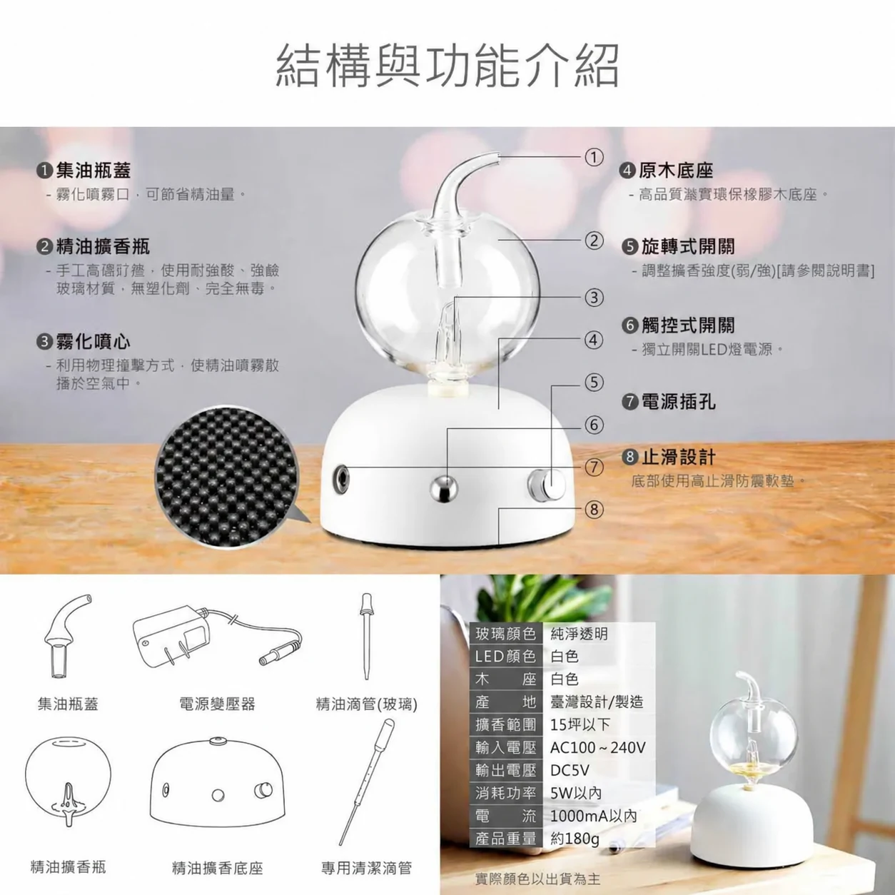 泡泡白色底座精油擴香儀－結構功能與配件介紹