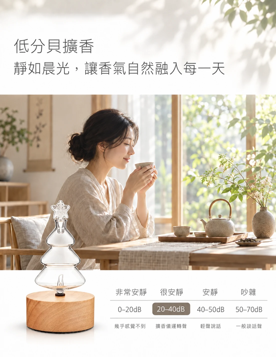 聖誕樹透明原木精油擴香儀-低分貝運轉與晨光品茶情境