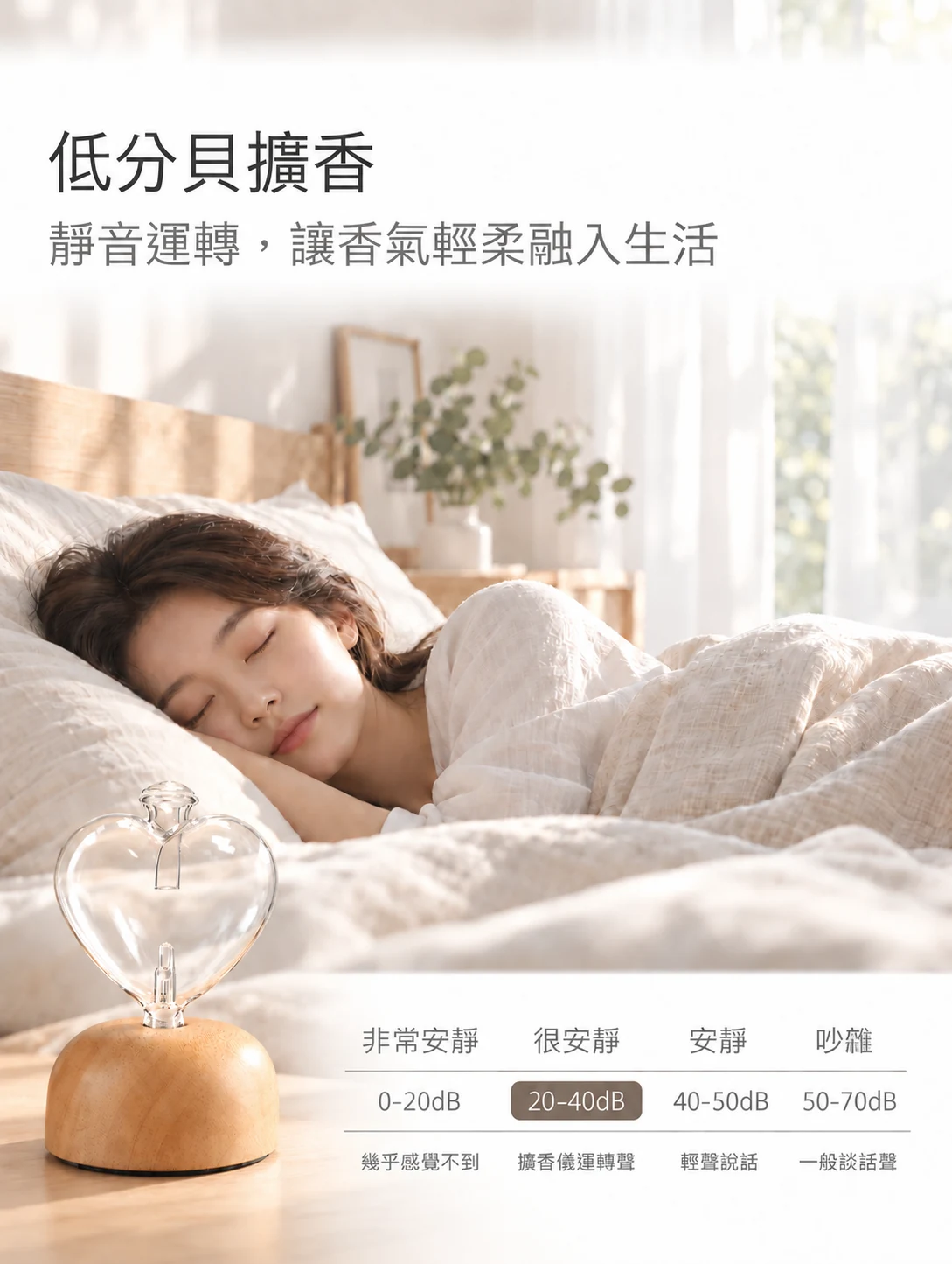 心願透明原木精油擴香儀-低分貝運轉與臥室情境