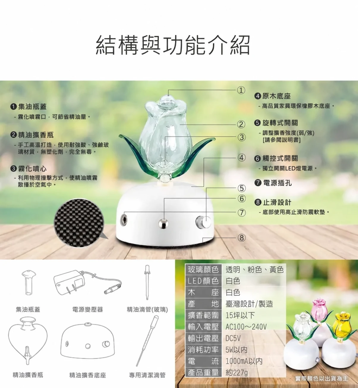 鬱金香透明精油擴香儀-結構功能與配件介紹