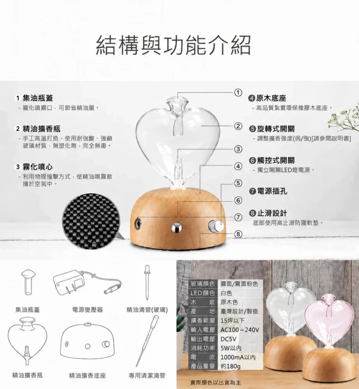心願透明原木精油擴香儀-結構功能、配件與玻璃顏色介紹