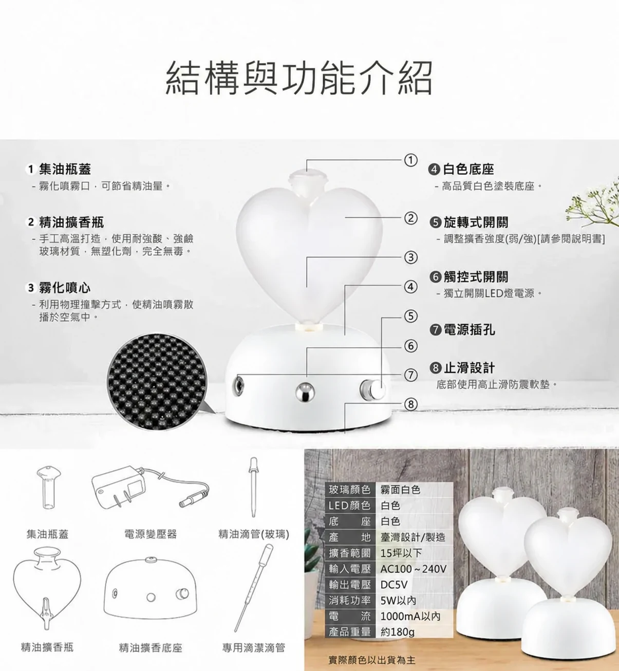 心願霧面白色精油擴香儀-結構功能與配件介紹