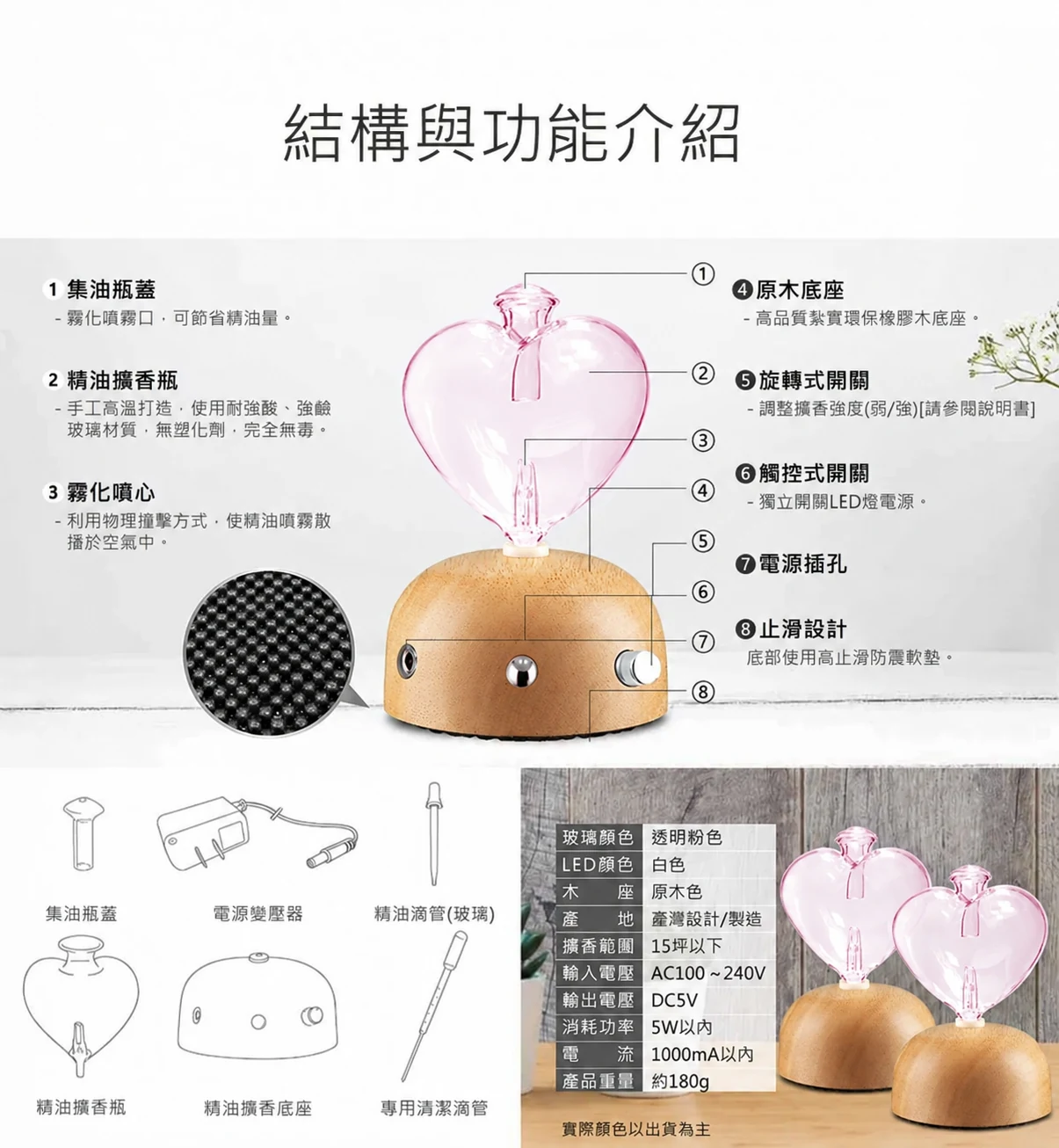 心願粉色透明原木精油擴香儀-結構功能與配件介紹